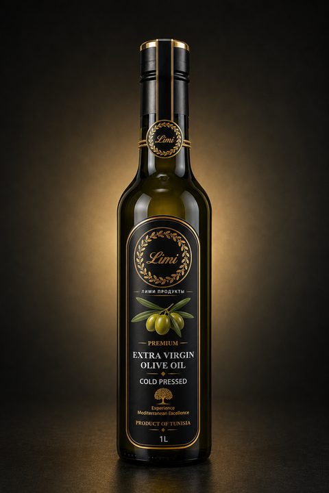 LIMI Food premium extra virgin olive oil bottle, front view